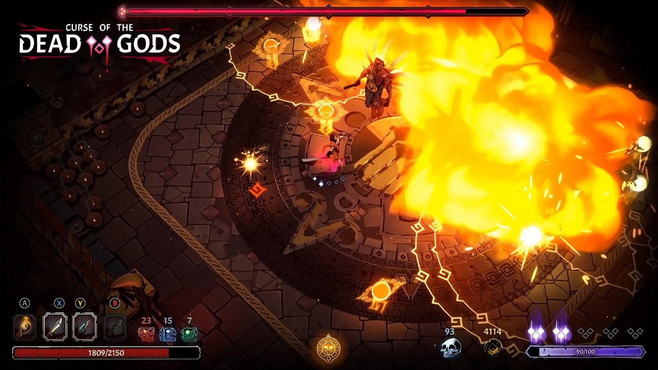 Fiery clouds fill the room as characters fight.