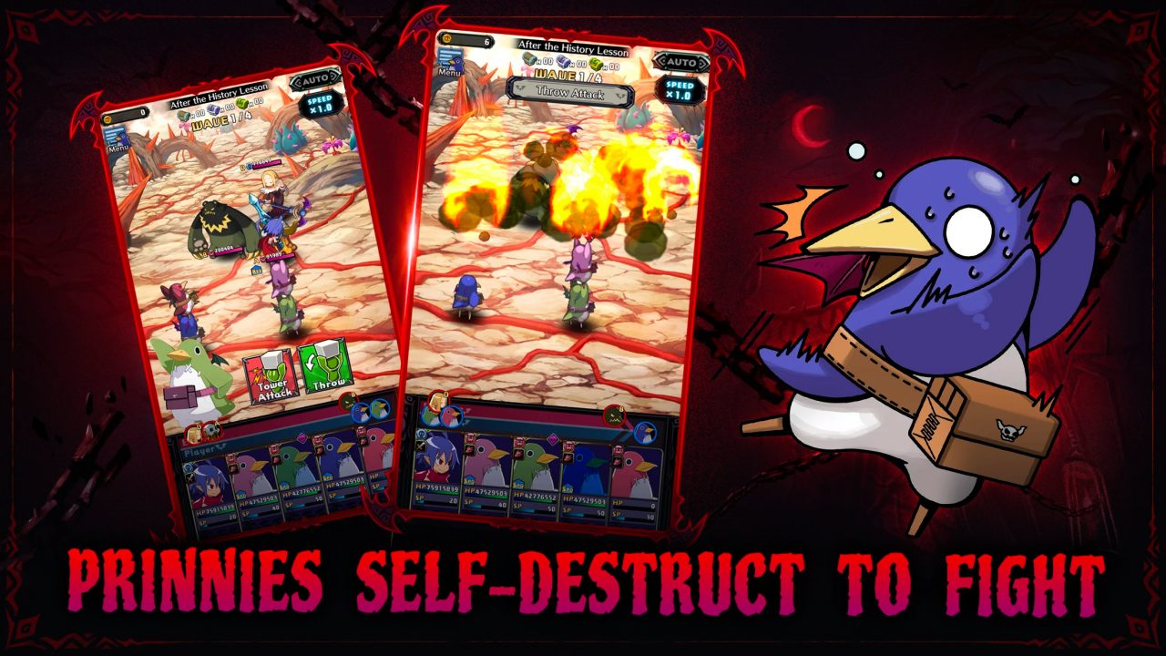 Disgaea RPG screenshots showing a penguin-like creature tossing itself into battle and exploding.