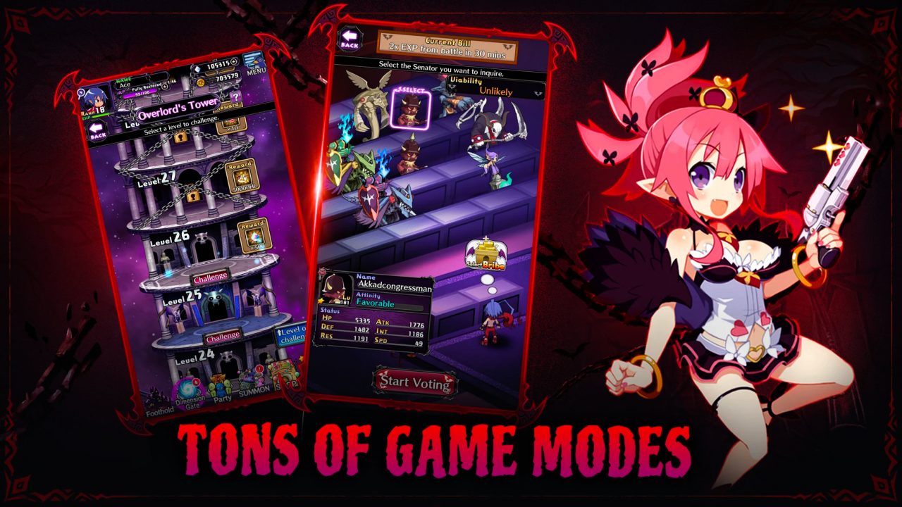 Disgaea RPG screenshots showing multiple game modes such as Overlord&#039;s Tower and demon senators.