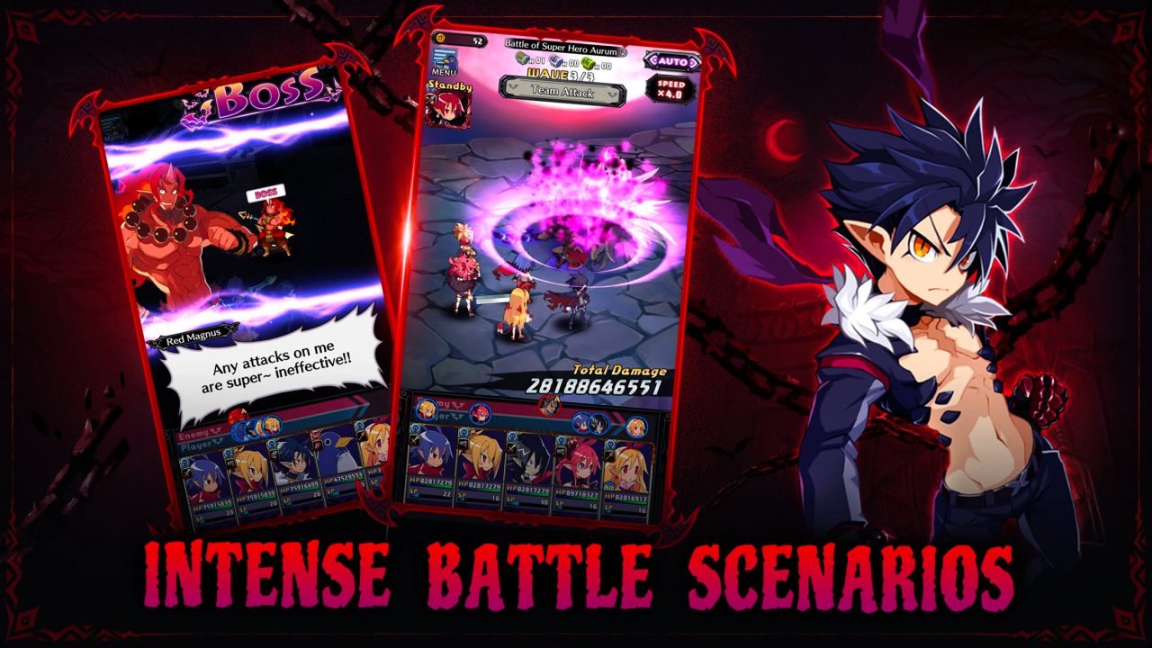 Disgaea RPG screenshots displaying an epic boss battle and flashy magic.