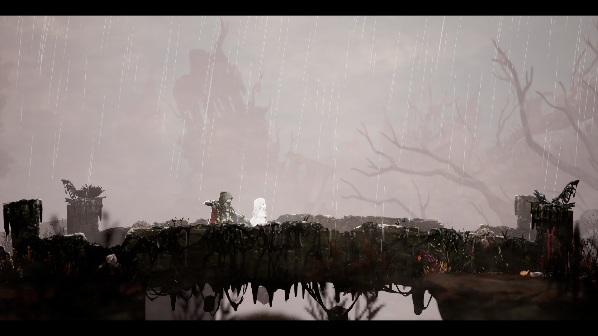 Deadly rain falls in the sky above Lily in Ender Lilies: Quietus of the Knights.