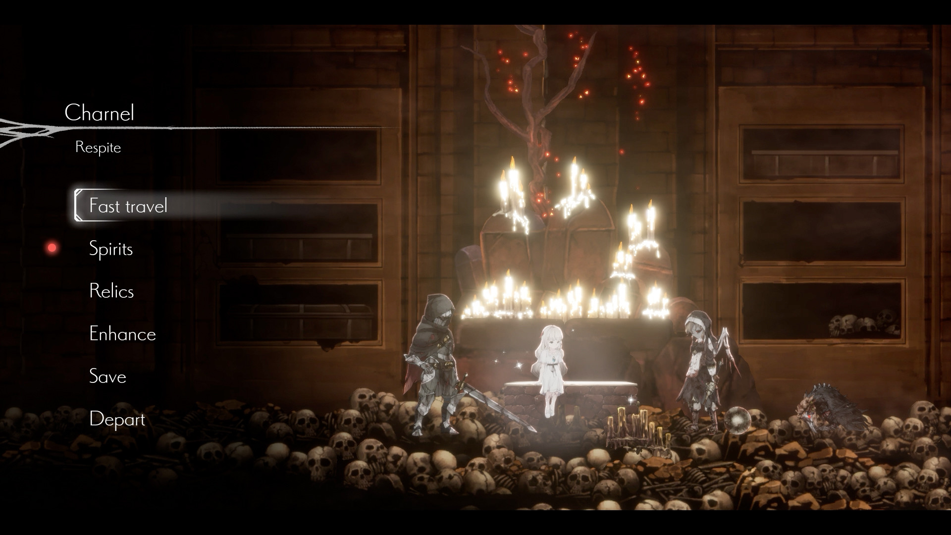 A young girl standing in the middle of a field of skulls in ENDER LILIES: QUIETUS OF THE NIGHT. There are candkes dripping behind her, and a fast travel menu to the right.