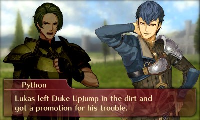 A screenshot of two characters having a conversation in Fire Emblem Echoes: Shadows of Valentia