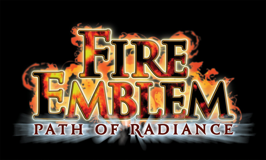 The logo for Fire Emblem: Path of Radiance, featuring blazing text with fire coming out of the letters, on a black background.