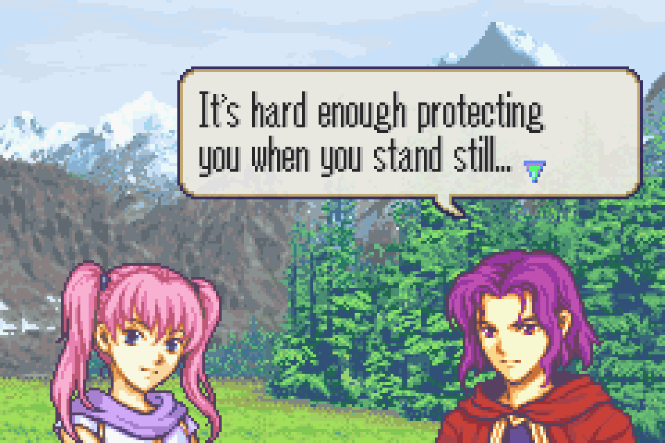 Fire Emblem screenshot of Erk telling Serra she's difficult to protect