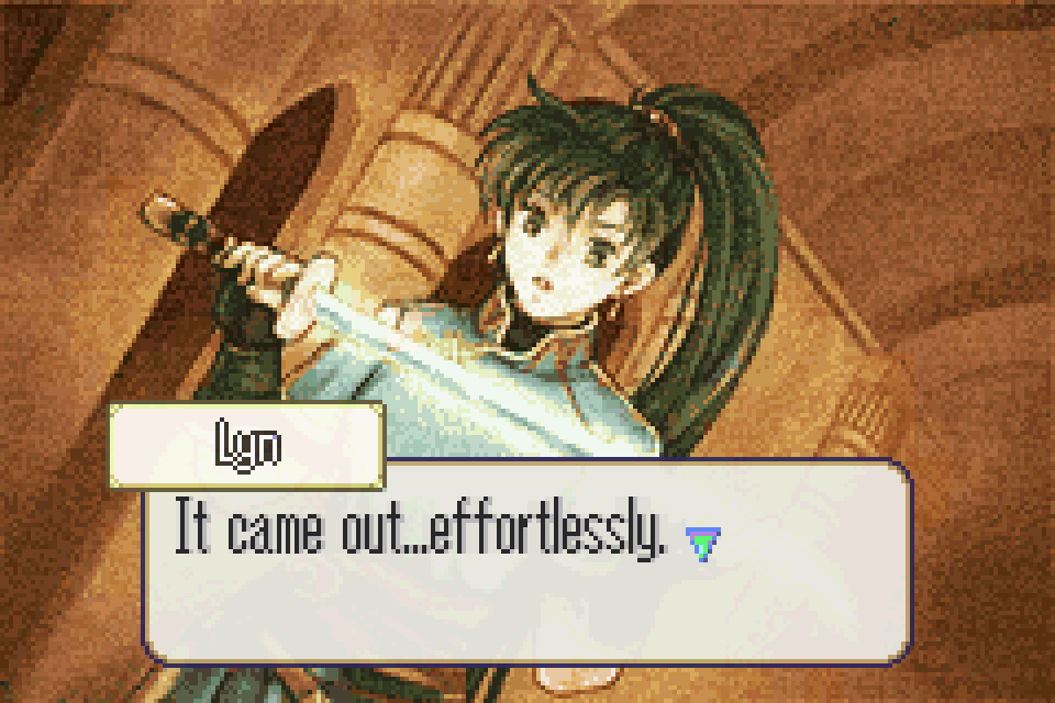 Fire Emblem screenshot of Lyn holding the legendary sword Mani Katti.