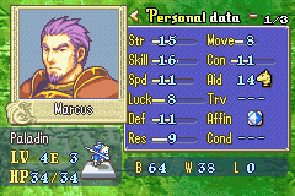 Fire Emblem screenshot of a stats screen showing Marcus' abilities.