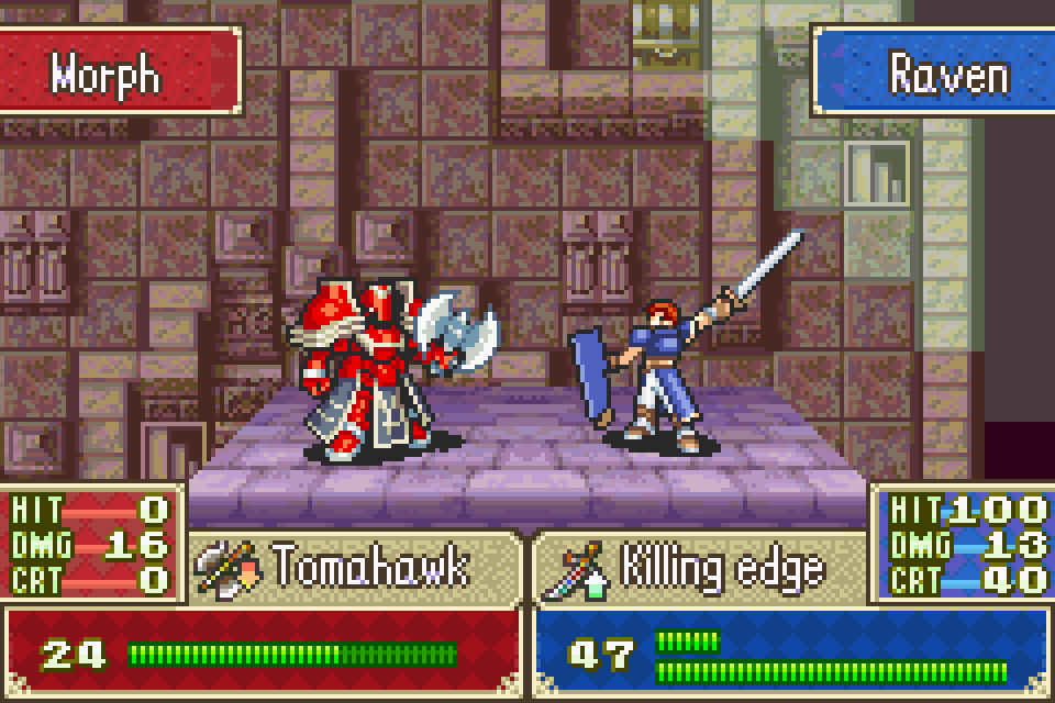 Fire Emblem Raven attacking an enemy General with a Killing Edge