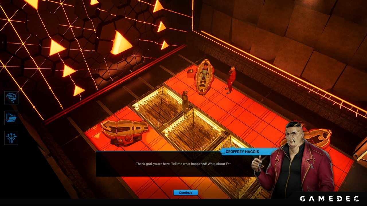 A vibrant orange tiled setting in Gamedec.