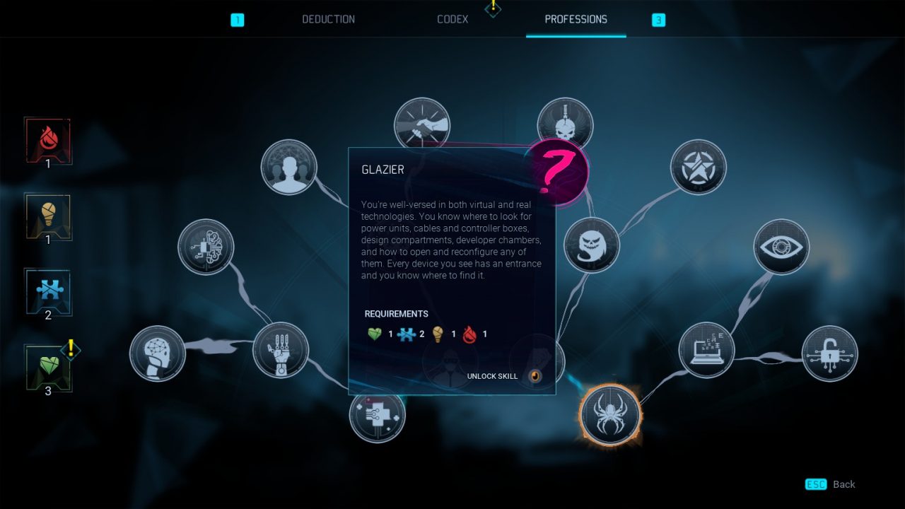 The skills tree in Gamedec with "Glazier," a profession based on technology, selected.