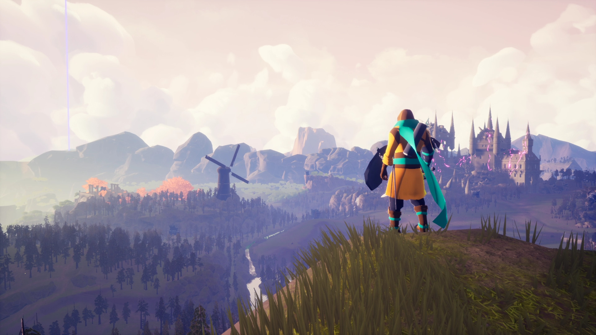 Hero is standing on a hilltop; there is a castle in the distance.