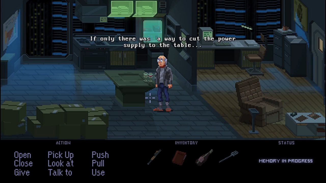 Point-and-click scene showing an old man exploring a dark office.