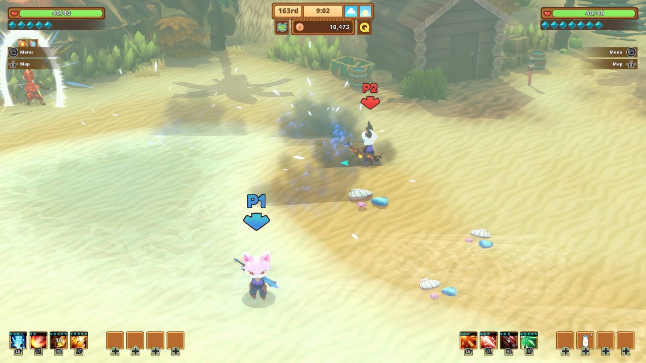 Two players control cat people as they play together though their adventure in the game Kitaria Fables.
