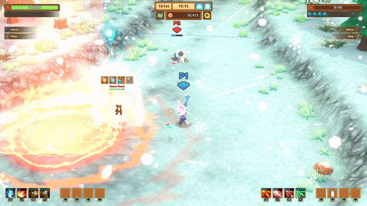Kitaria Fables screenshot of an anthropomorphic cat with a sword casting a flashy fire spell on an enemy in a snowy landscape.