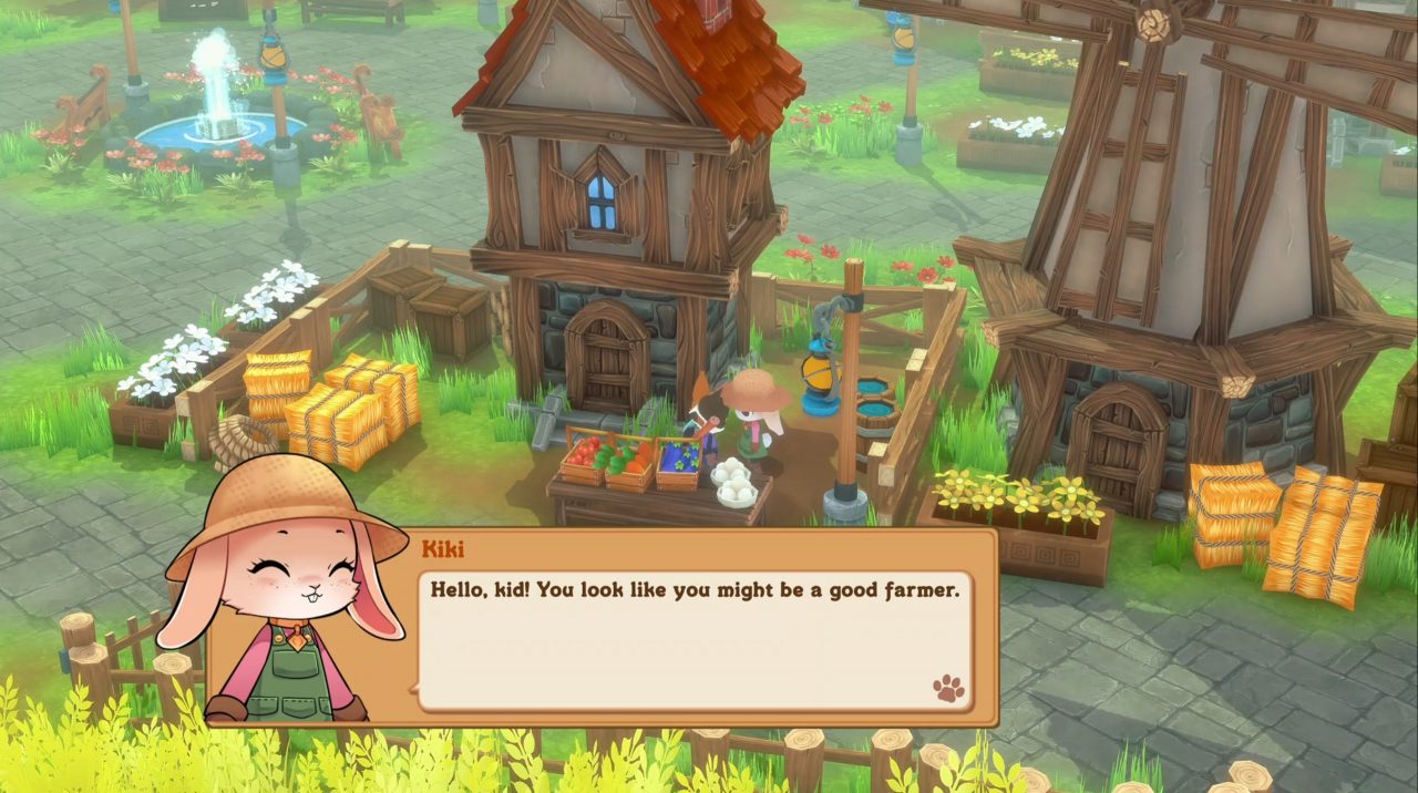 Kitaria Fables, talking to a rabbit farmer in the middle of a cobblestone town. There is a windmill and lots of hay bales lying around.