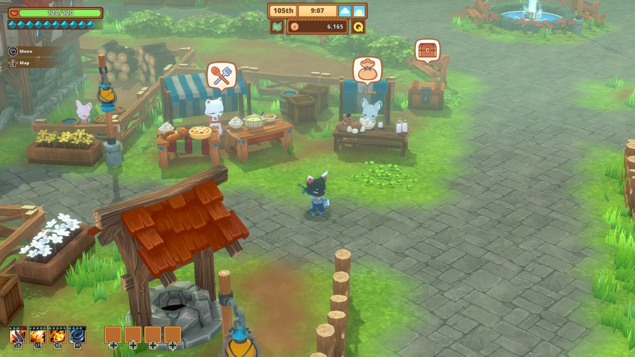 Kitaria Fables screenshot of an anthropomorphic feline exploring a town with their fellow animals manning stalls and offering goods.