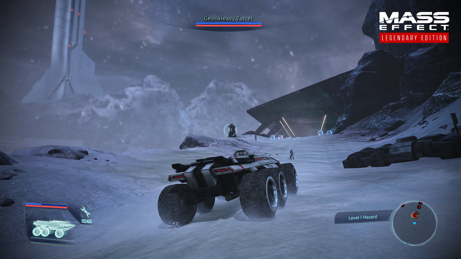 The four-wheeled Mako drives within an icy inhospitable wasteland.