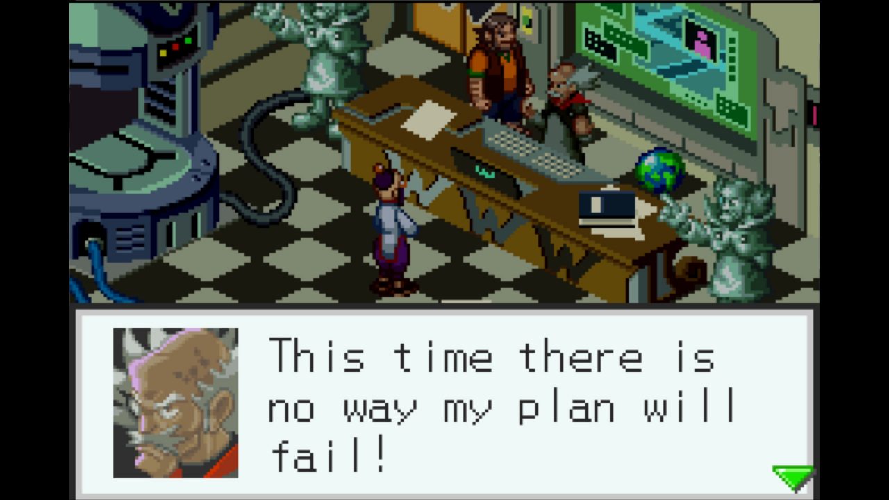 An evil genius speaks in a text box.