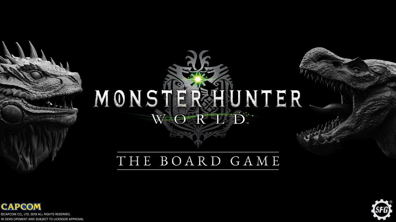 The logo for Monster Hunter World: The Board Game featuring the Great Jagras and Anjanath figures from the game