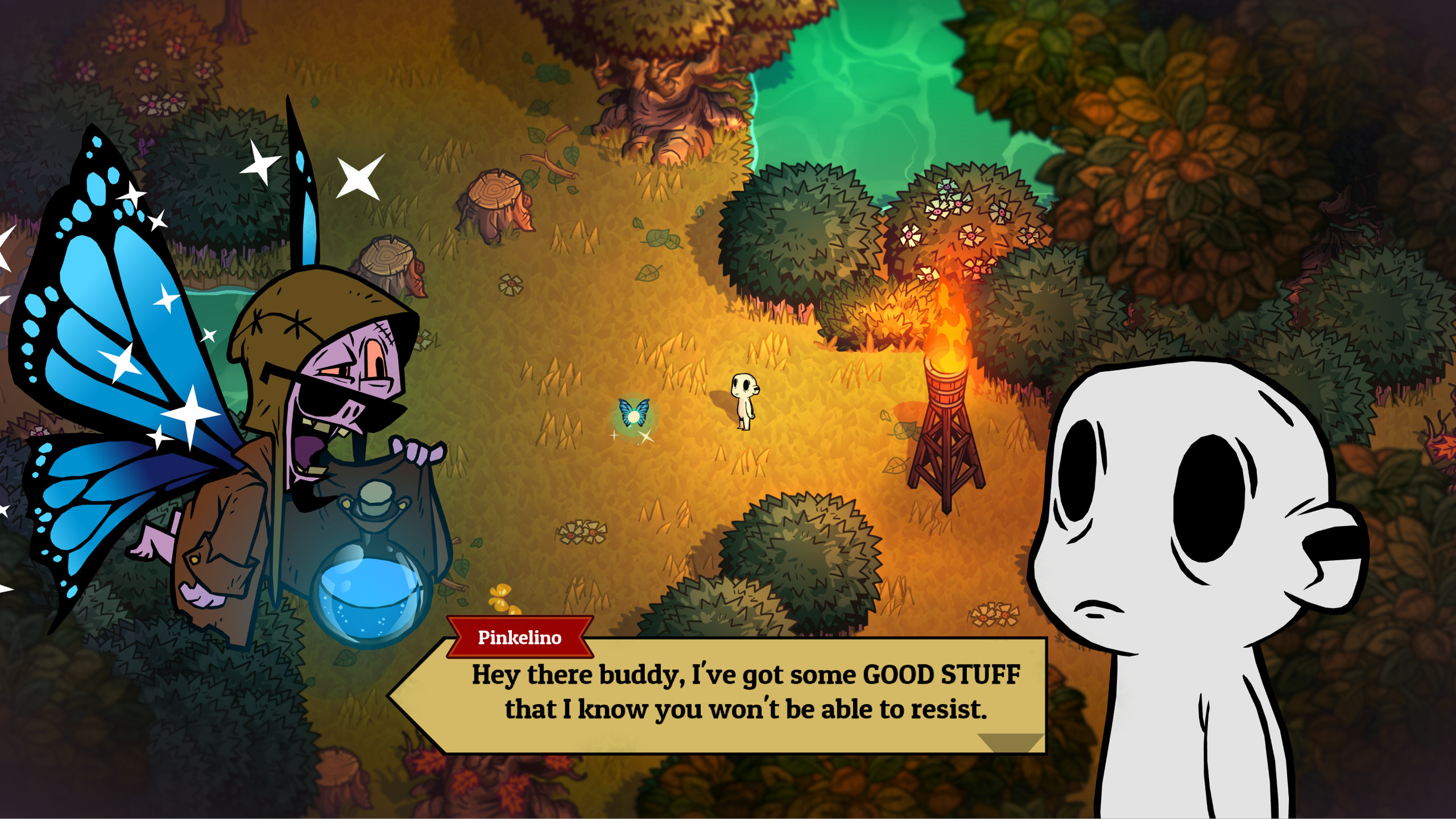 Nobody Saves The World Screenshot of a featureless pale humanoid talking to a smarmy-looking fairy in a tattered trenchcoat trying to make a deal.