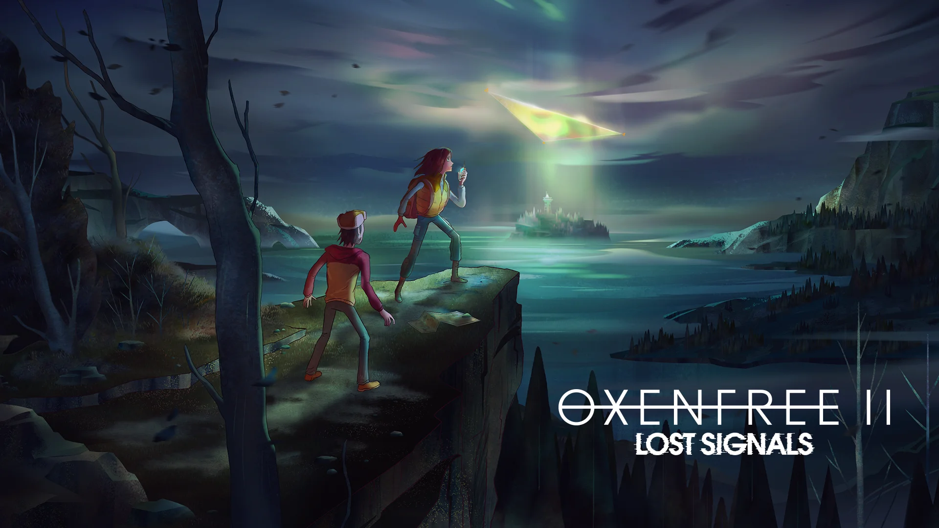 Oxenfree II: Lost Signals artwork of two young adults on a forest cliffside looking at a glowing triangle in the air above an island in a lake