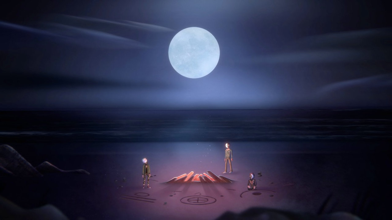 A group of people stand around a fire on the beach with the moon aloft in Oxenfree 2