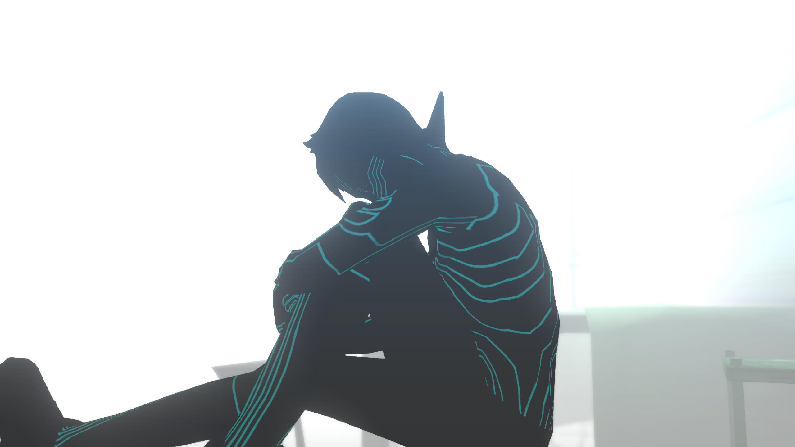 The silhouette of a boy sitting. He has glowing tattoos across his entire body.