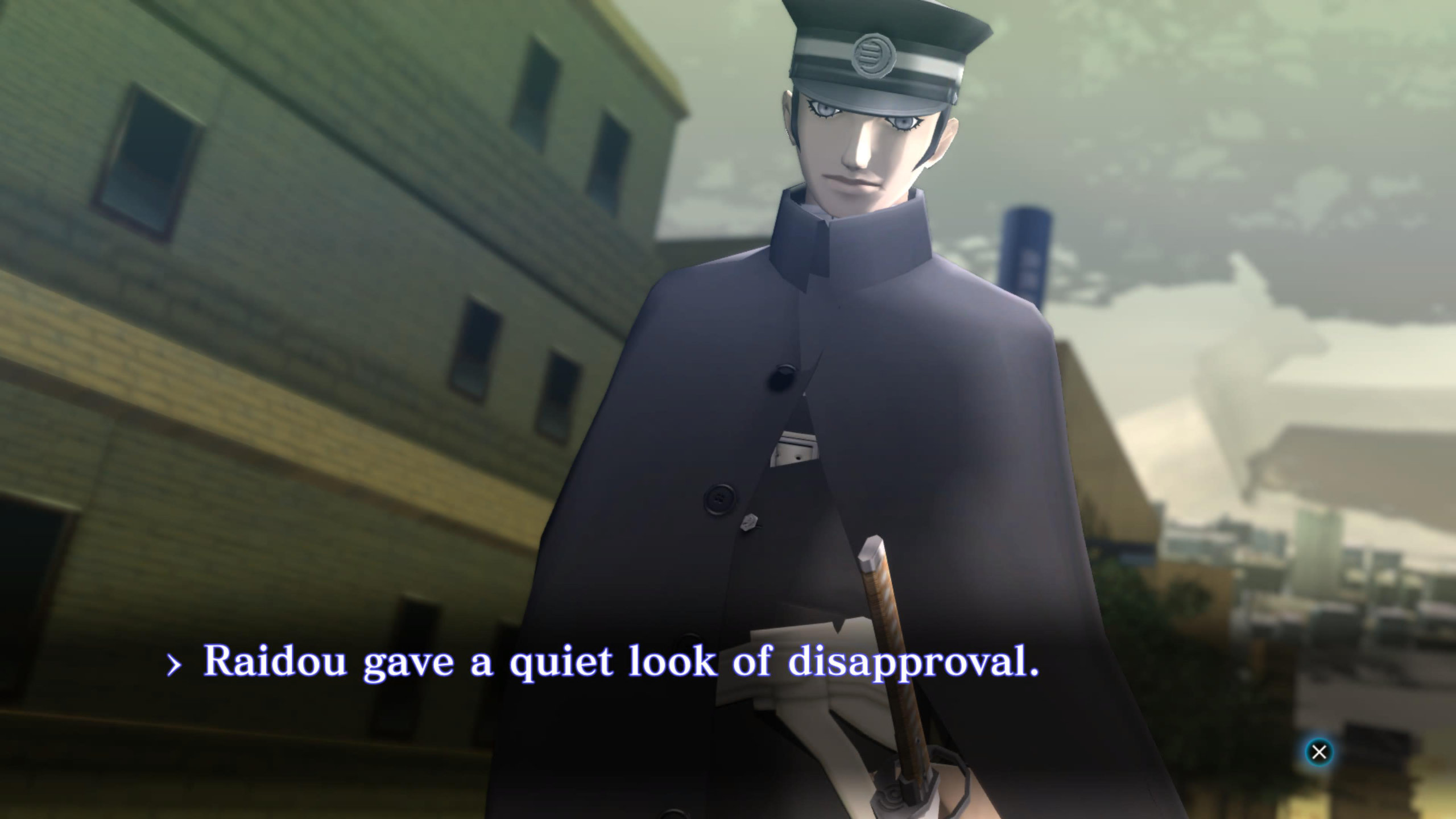 Shin Megami Tensei III: Nocturne HD Remaster screenshot of a man wearing a hat and cape looks into the camera. Text reads "Raidou gave a quiet look of disapproval."