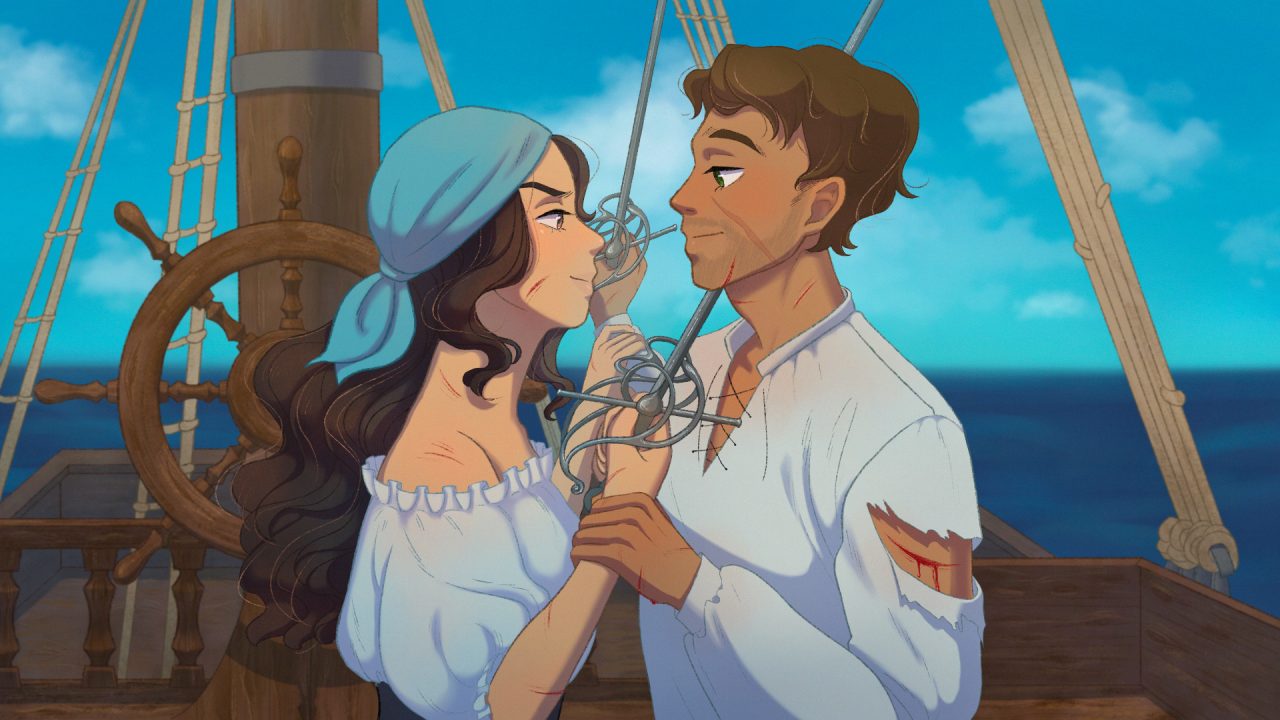 A male and female pirate pause during a duel to stare at eachother longingly.