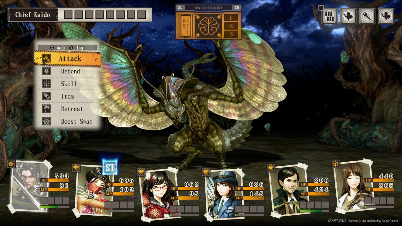 The party battling a winged creature in Undernauts: Labyrinth of Yomi.