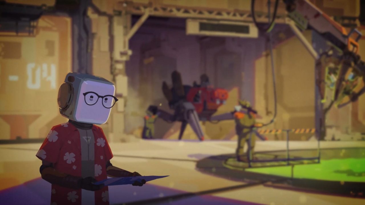 Delta, a robot wearing a red shirt, reads blueprints while standing in a workshop full of robotics equipment and green liquid.