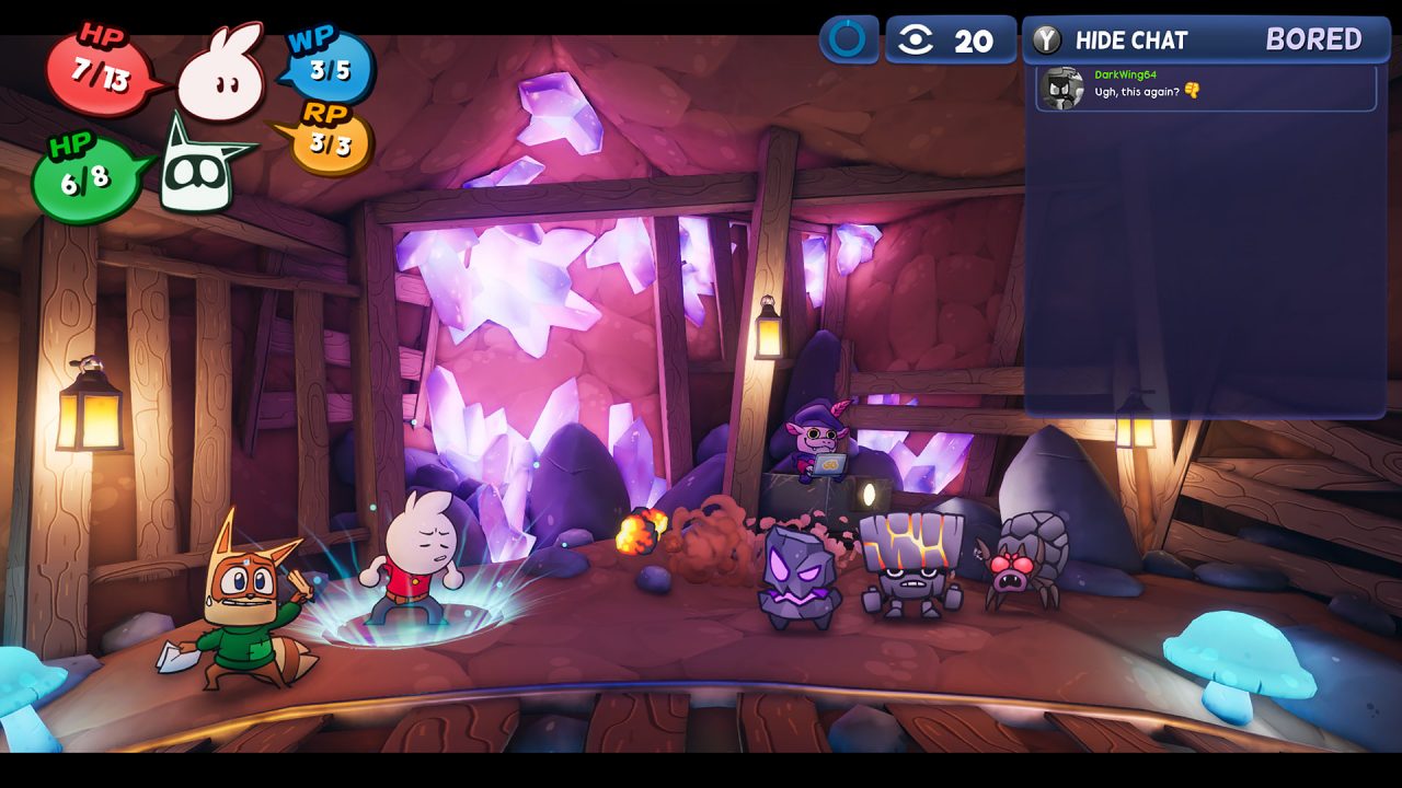 Born of Bread screenshot featuring a humanoid and raccoon friend facing rocky creatures inside a mine.