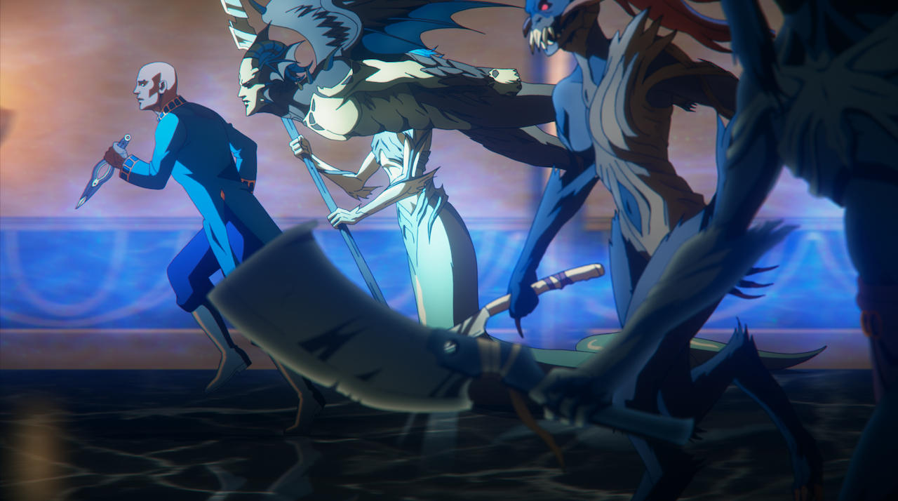 The Forgemaster Isaac running to attack with a hoard of demons in Castlevania. He holds a knife, which is his Forgemaster tool, and he wears blue robes. The monsters that follow him are a mixture of mercreatures, flying devils, skeletons, and more. They are all pale-skinned or blue with brown bone-like textures on their bodies.