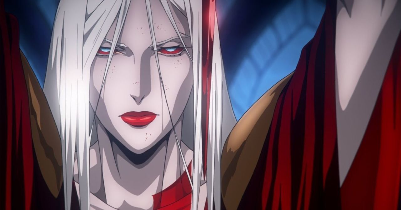 A close-up of a bloodied Carmilla, leader of the vampire coven, in Castlevania. Her eyes are blood red, and she wears a long, red dress.