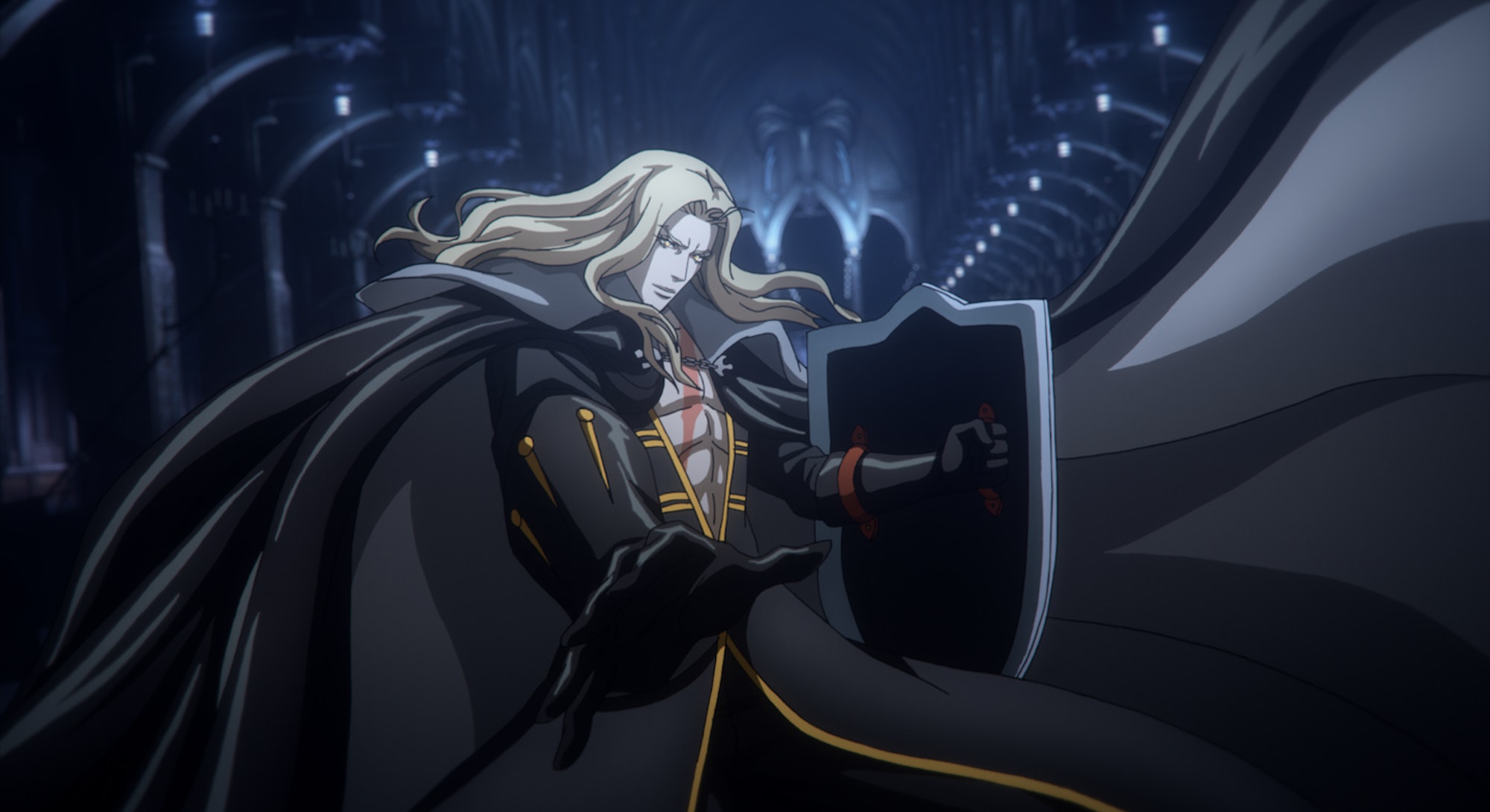 Alucard preparing to go into combat in Castlevania. He is wearing a black and gold outfit that is very similar to his Symphony of the Night outfit. His cloak takes up the whole screen, and his shield is turned away from us.