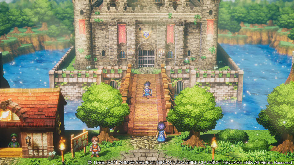 A screenshot of the hero walking away from a castle with water at his side in Dragon Quest III HD-2D Remake