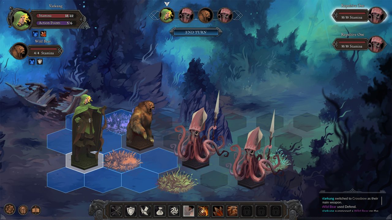 A combat scene in Fabled Lands. There is a bear and an archer with blonde hair and a green cloak fighting two red spear-armed squid enemies. The combat is taking place underwater with grey rocks, blue and green seaweed and moss, and a small shipwreck.