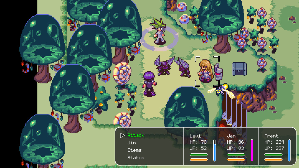 Levi, Jen and Trent are in combat in the middle of a mysterious-looking forest with bubble trees Christmas presents and lights hanging off of them, in Jin Conception.