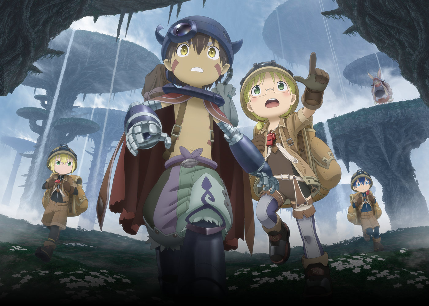 Anime-style archaeologist girl and robot boy look scared while others watch from the distance in Made in Abyss: Binary Star Falling into Darkness.