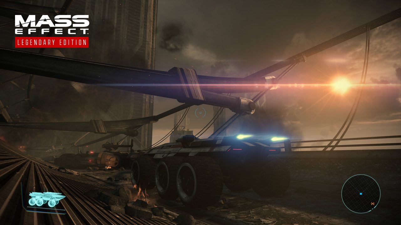 The Mako braves an ancient Feros bridge in Mass Effect: Legendary Edition.
