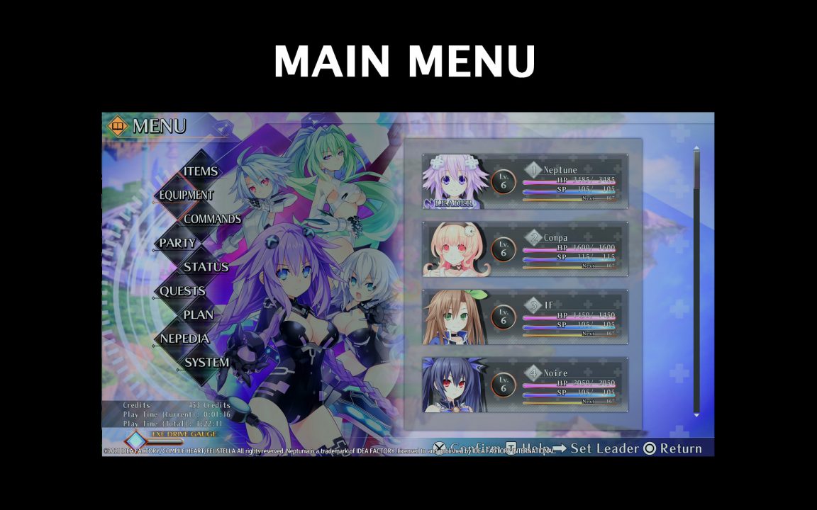 Neptunia Reverse Menu UI Screenshot