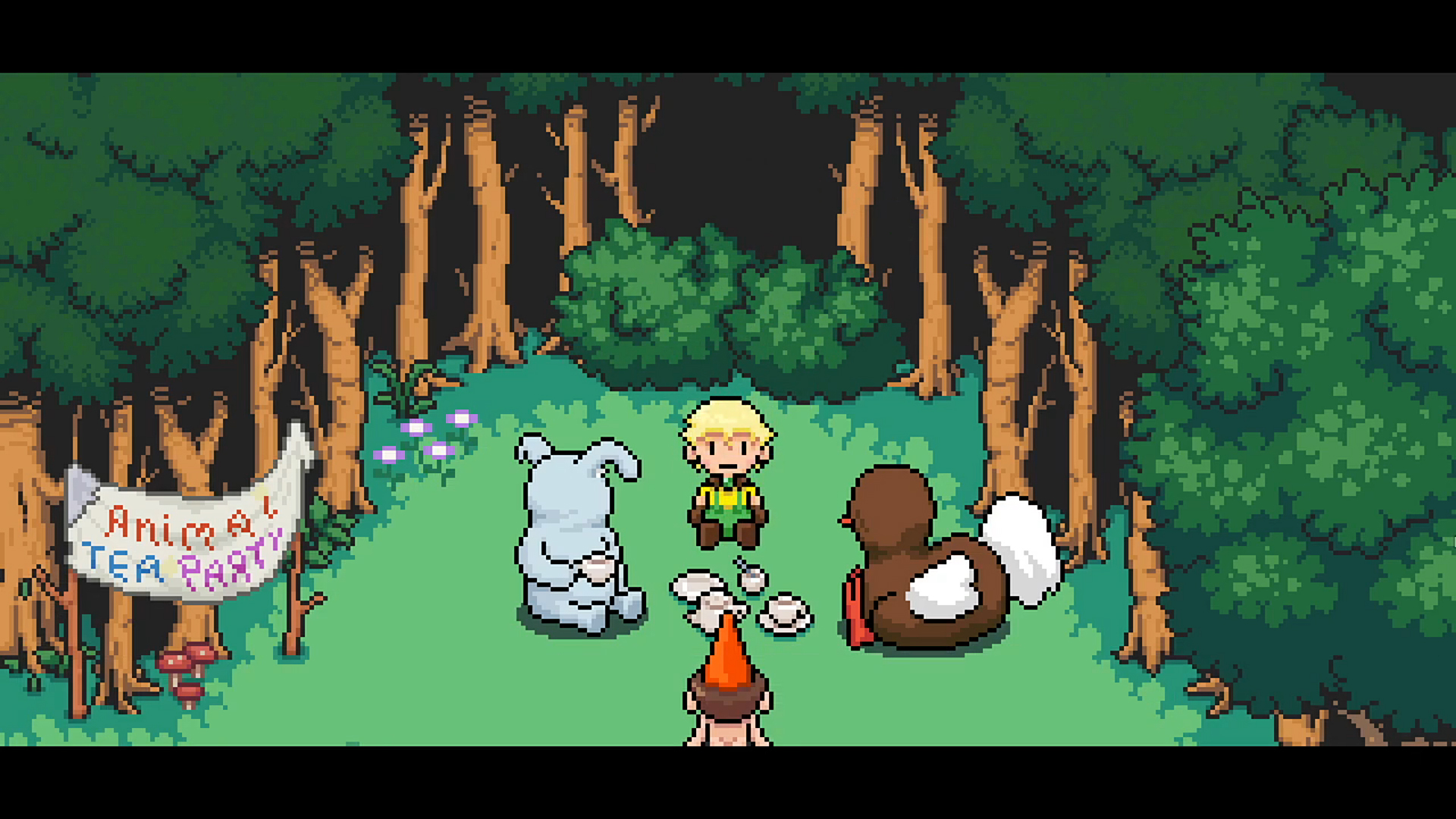 Oddventure screenshot of animal and human characters enjoying tea in a forest.