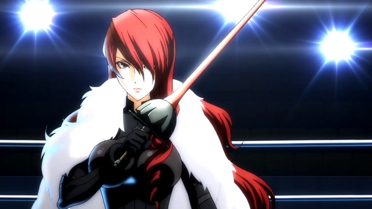 A screenshot of Persona 4 Arena Ultimax depicting a red-haired woman wielding a rapier, clad in a mink coat.
