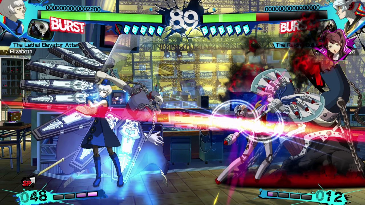 A battle screenshot featuring Elizabeth from Persona 3 and Rise from Persona 4 in Persona 4 Arena Ultimax.