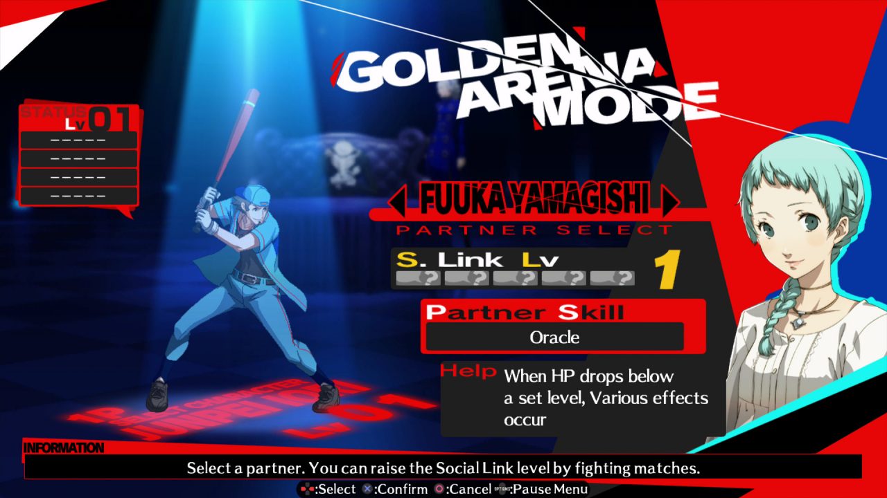 A Golden Arena Mode screenshot with Junpei and Fuuka from Persona 4 Arena Ultimax.