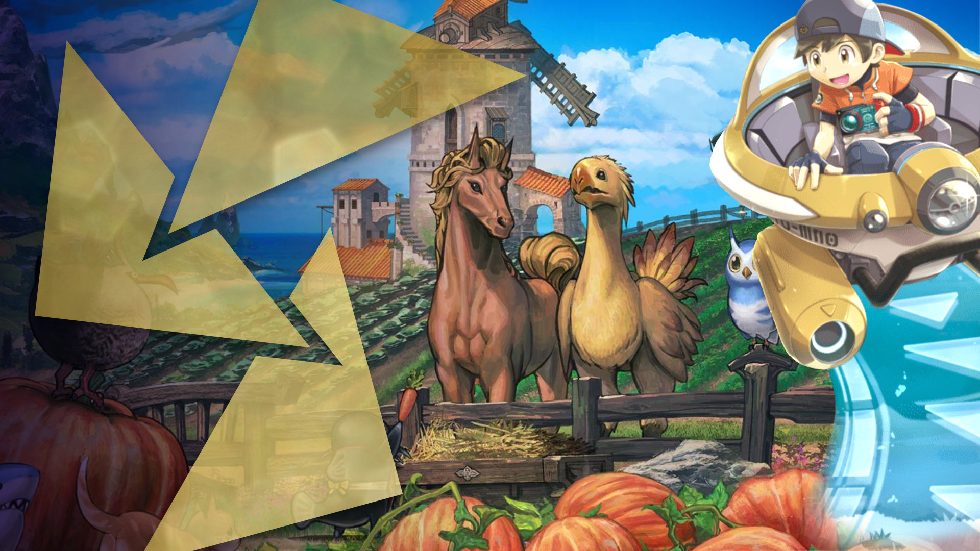 Displays a horse and a chocobo from Final Fantasy in a corral, there is a windmill in the background, pumpkins in the foreground, and the main male character from New Pokemon Snap rides by in his NEO-ONE hoverpod vehicle.