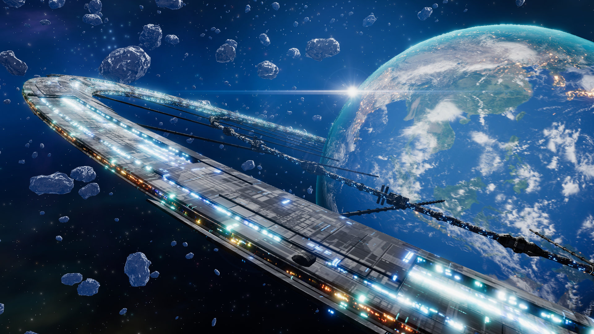 Relayer screenshot of a ring-like space station encircling an Earth-like planet.