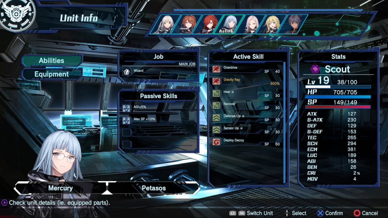 Relayer protagonist Mercury setting skills and abilities in equipment and ability screen.