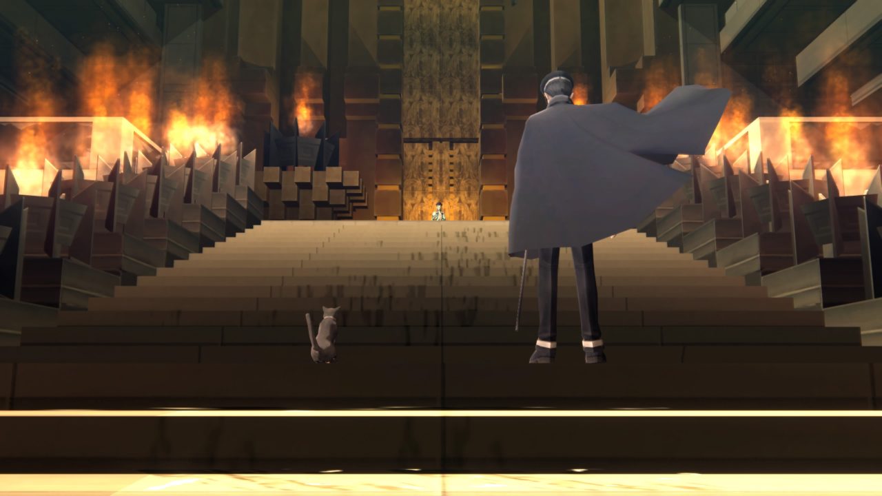 A cloaked man and a cat stand side by side at the foot of a stairway lined with torches. They look up at a boy standing atop the steps.