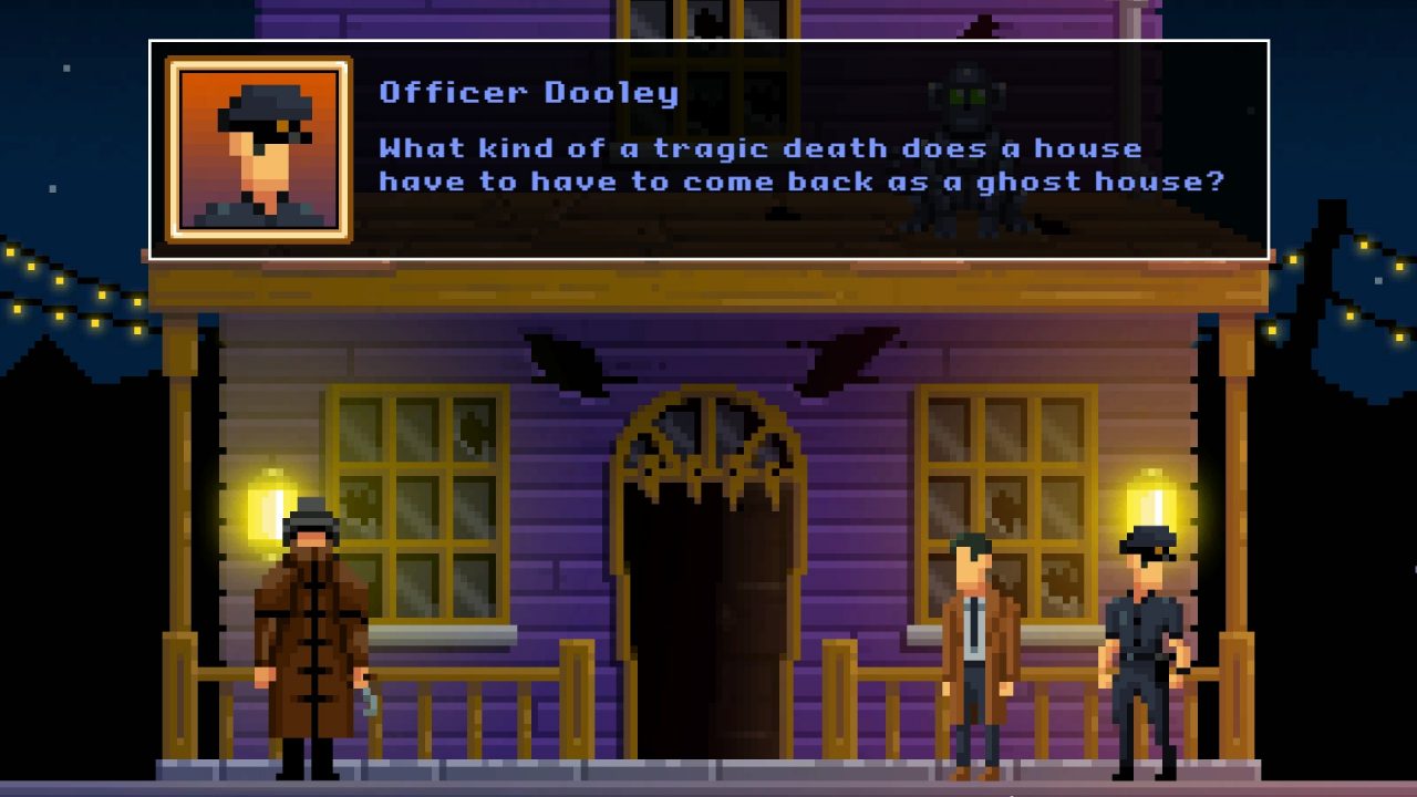 One officer speaks to another with a speech box in The Darkside Detective: A Fumble in the Dark.